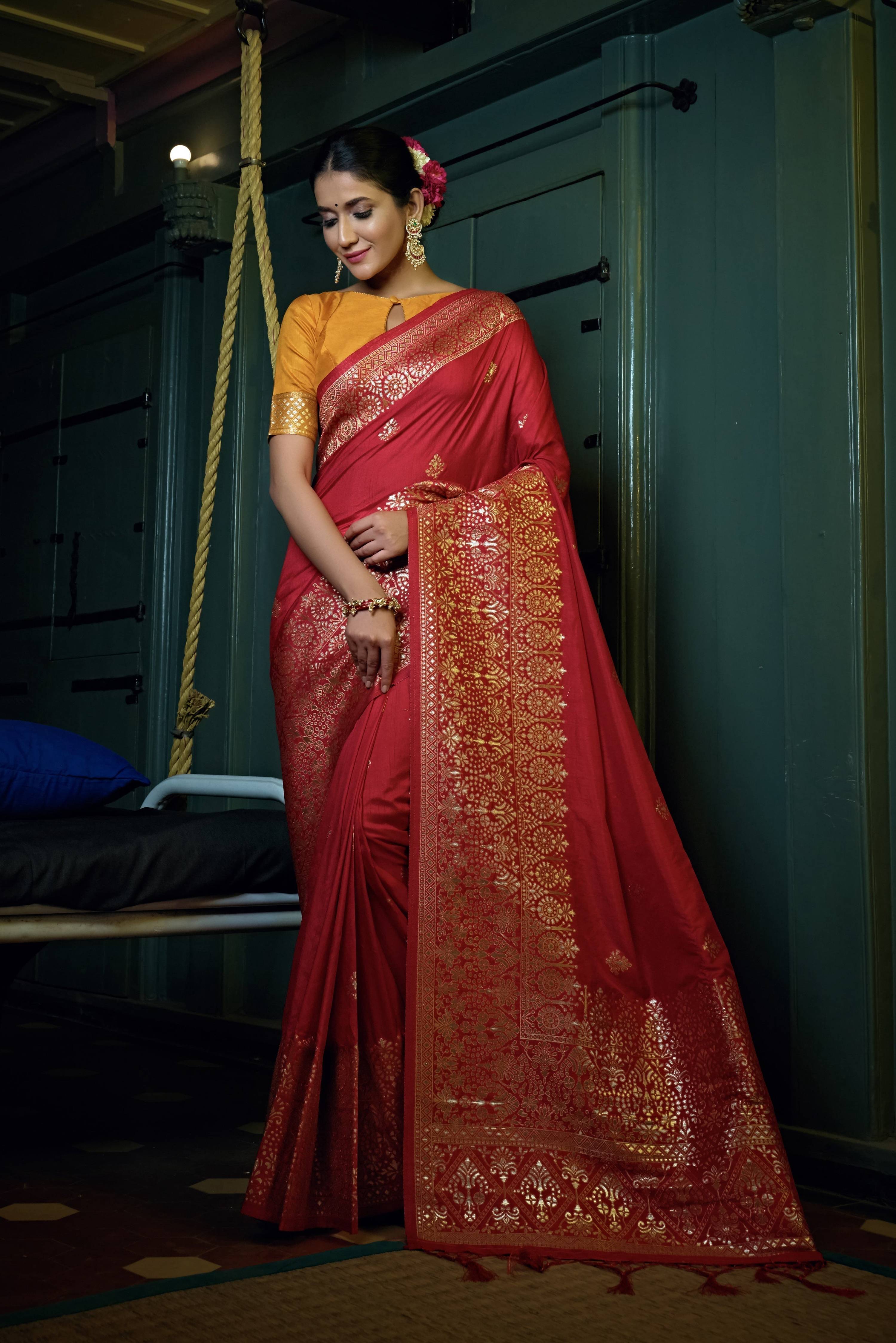 Vardha Crimson Red Golden Zari Banarasi Silk Saree