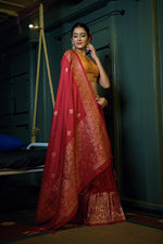 Thumbnail for Vardha Crimson Red Golden Zari Banarasi Silk Saree