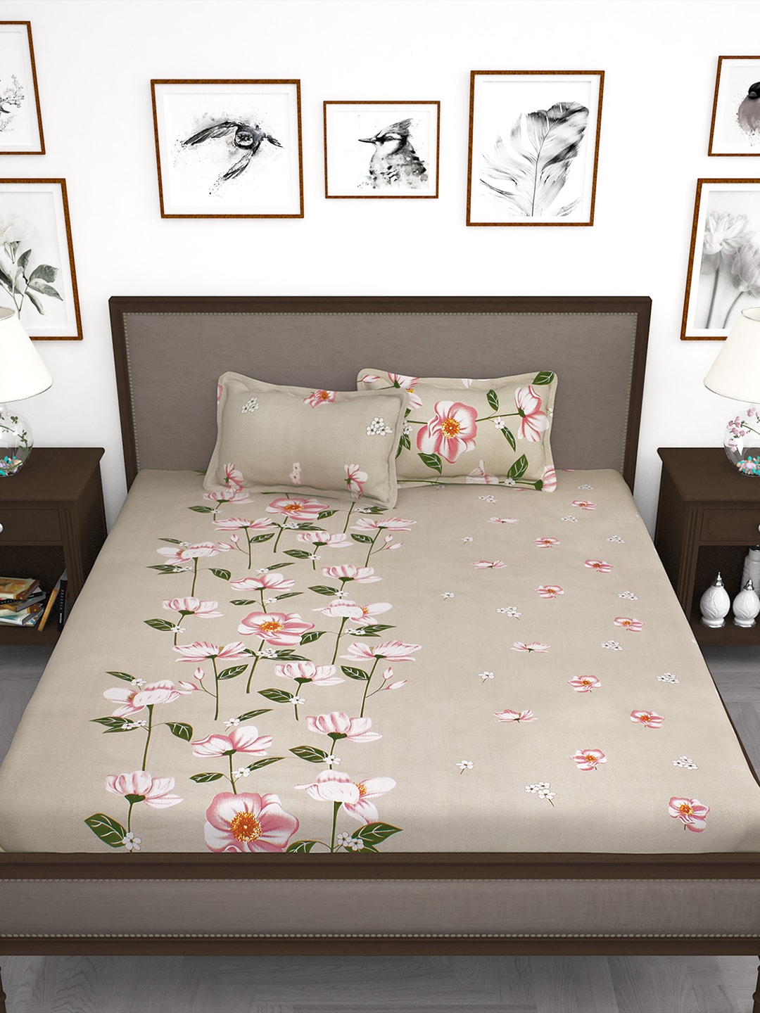 Story@home Beige & Red Floral Flat 240 TC 1 Double Bedsheet with 2 Pillow Covers - Distacart