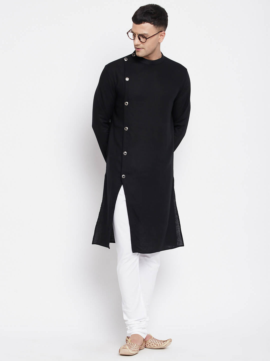Even Apparels Black Pure Cotton Men's Sherwani Kurta With Asymetrical Cut - Distacart