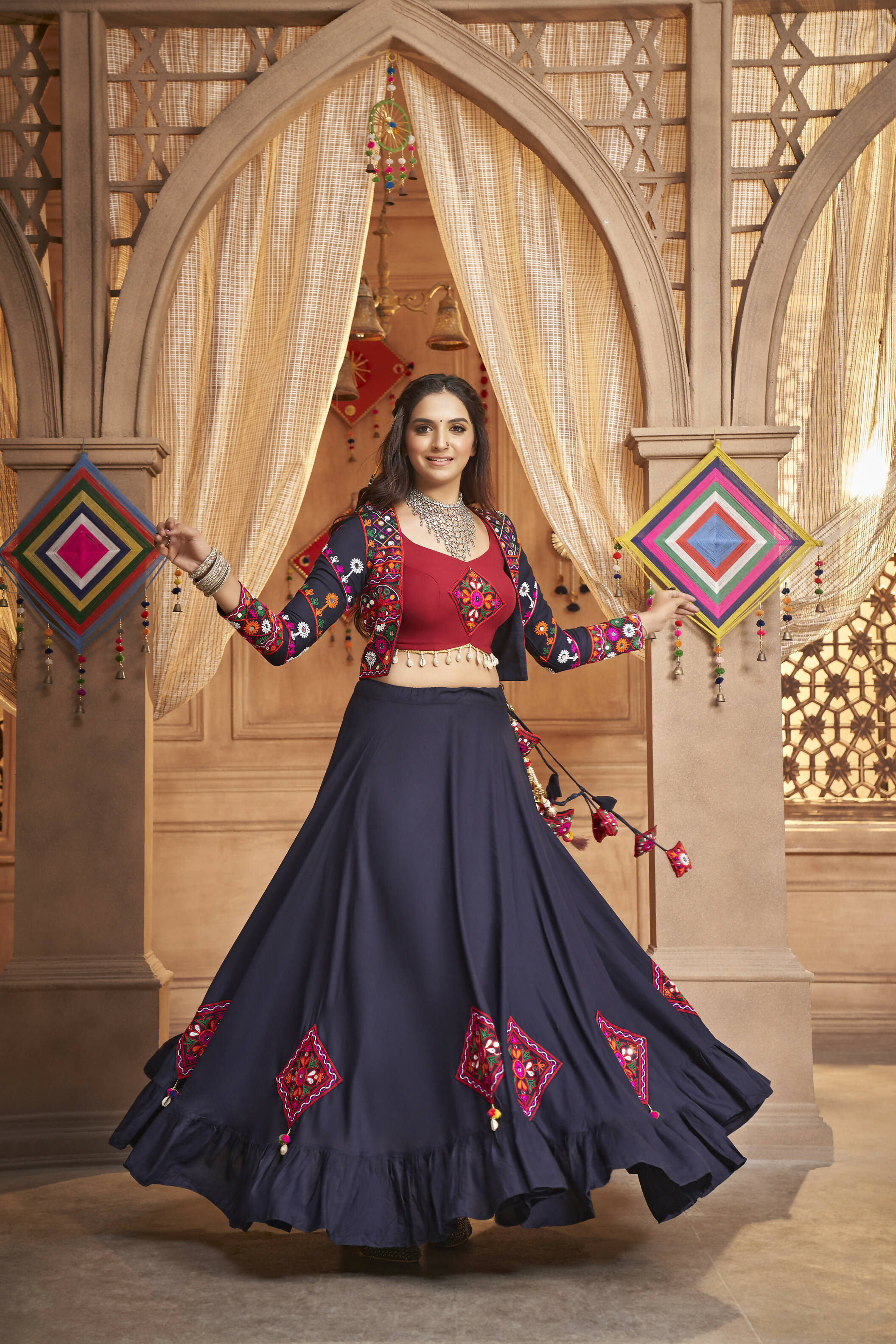 Navy Blue Viscose Rayon Thread Embroidered Work With Mirror All Over Navratri Lehenga Choli With Dupatta - Raas - Distacart