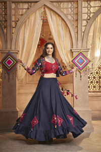 Thumbnail for Navy Blue Viscose Rayon Thread Embroidered Work With Mirror All Over Navratri Lehenga Choli With Dupatta - Raas - Distacart