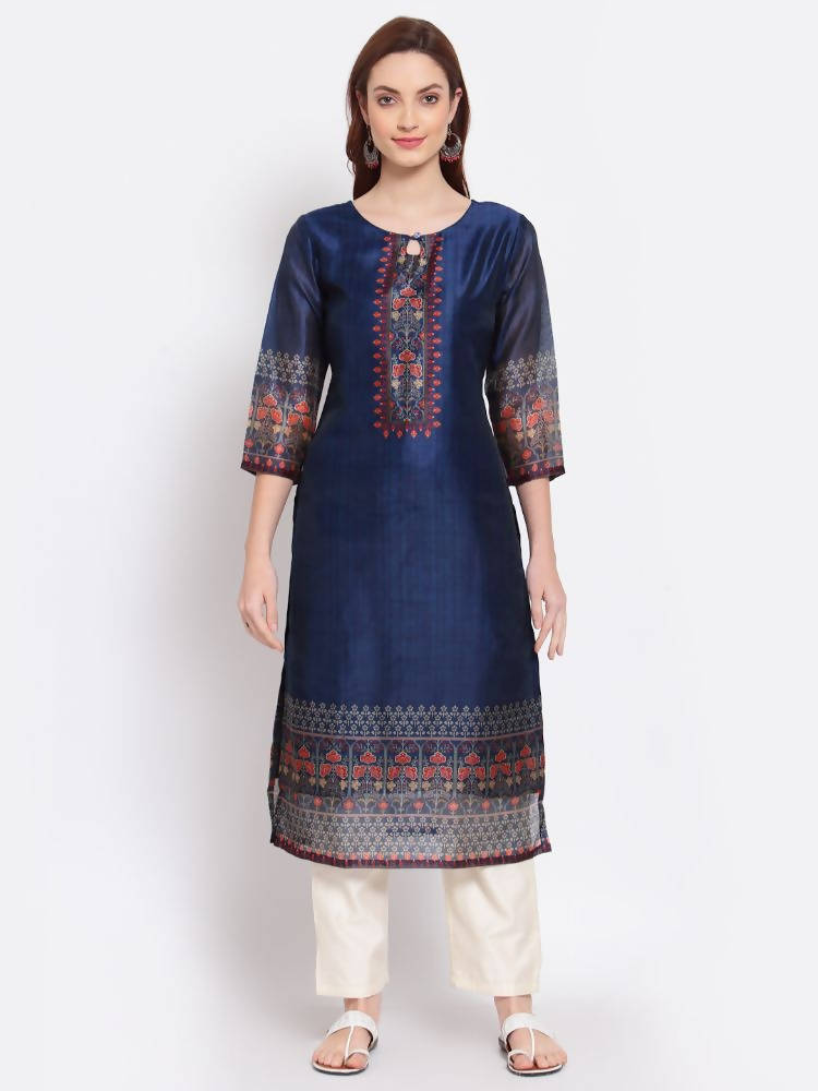 Myshka Women's Navy Blue Printed Chanderi Silk 3/4 Sleeve Round Neck Casual Kurta