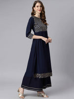 Thumbnail for Janasya Navy Blue & Gold-Toned Printed Yoke Design Keyhole Neck Crepe Anarkali Kurta - Distacart