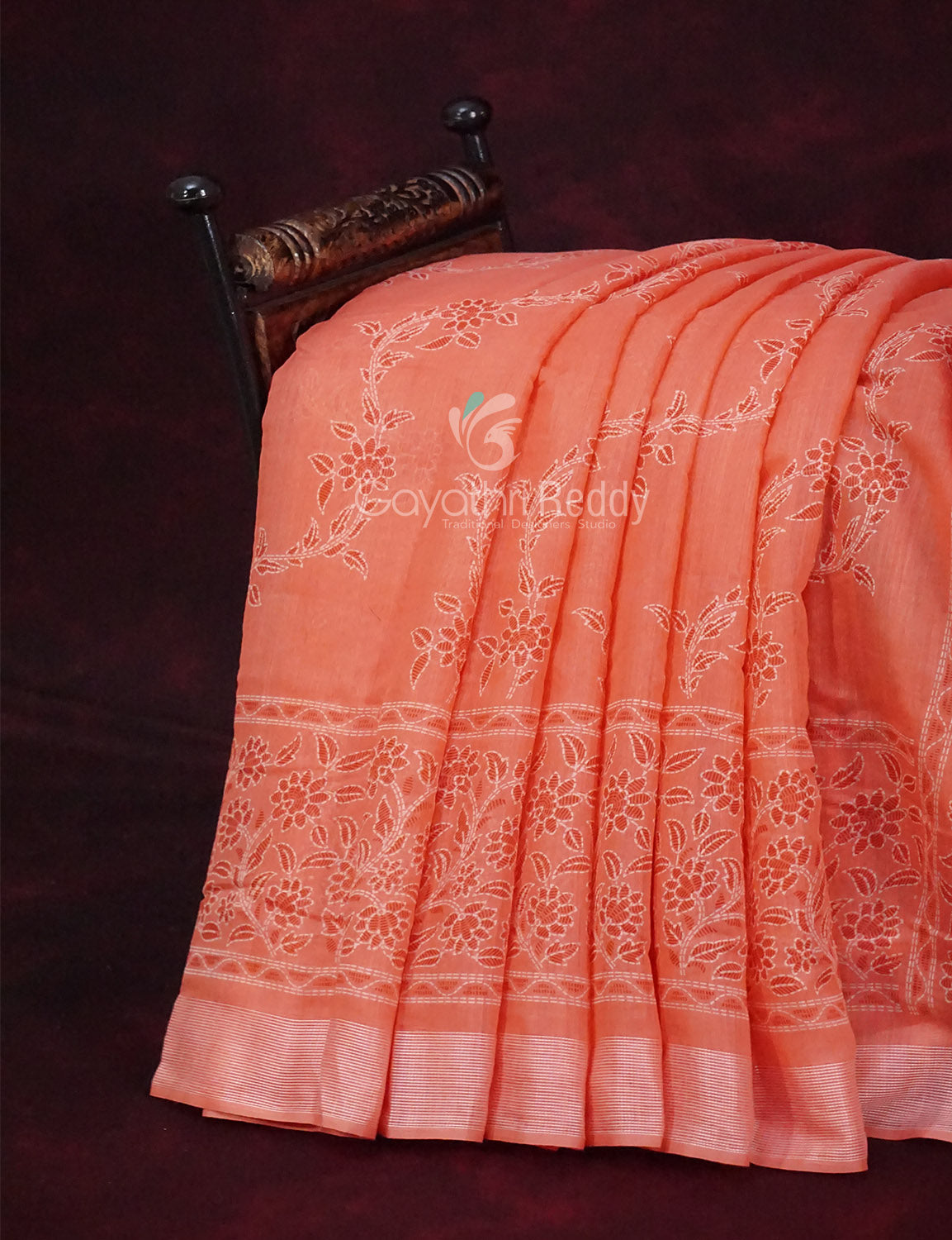 Mix of Peach and Orange Block Printed Semi Chanderi Saree By Gayathri Reddy Designer Studio - Distacart