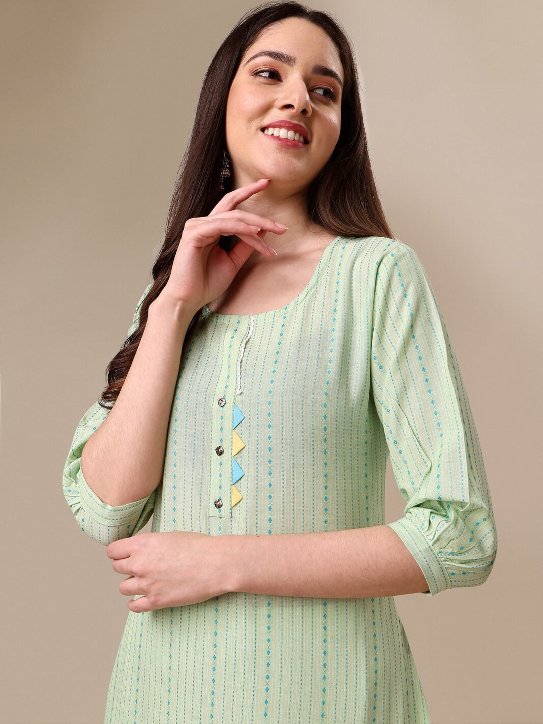 Kalini Striped Puff Sleeves Kurta with Trousers - Distacart