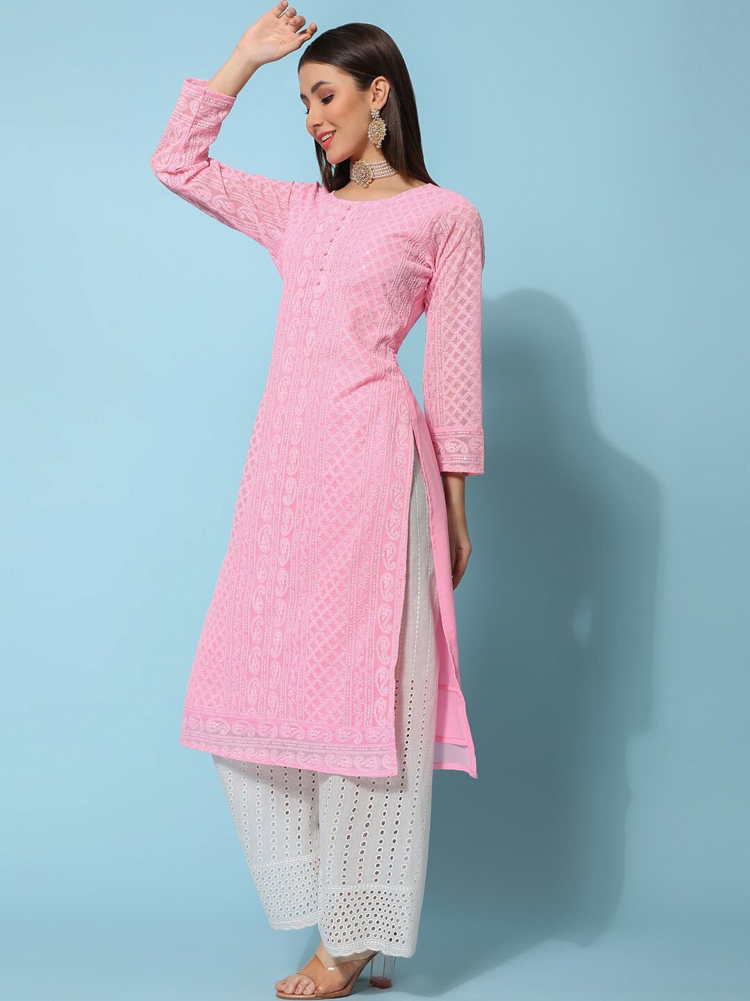 Kalini Ethnic Motifs Embroidered Chikankari Georgette Straight Kurta - Distacart