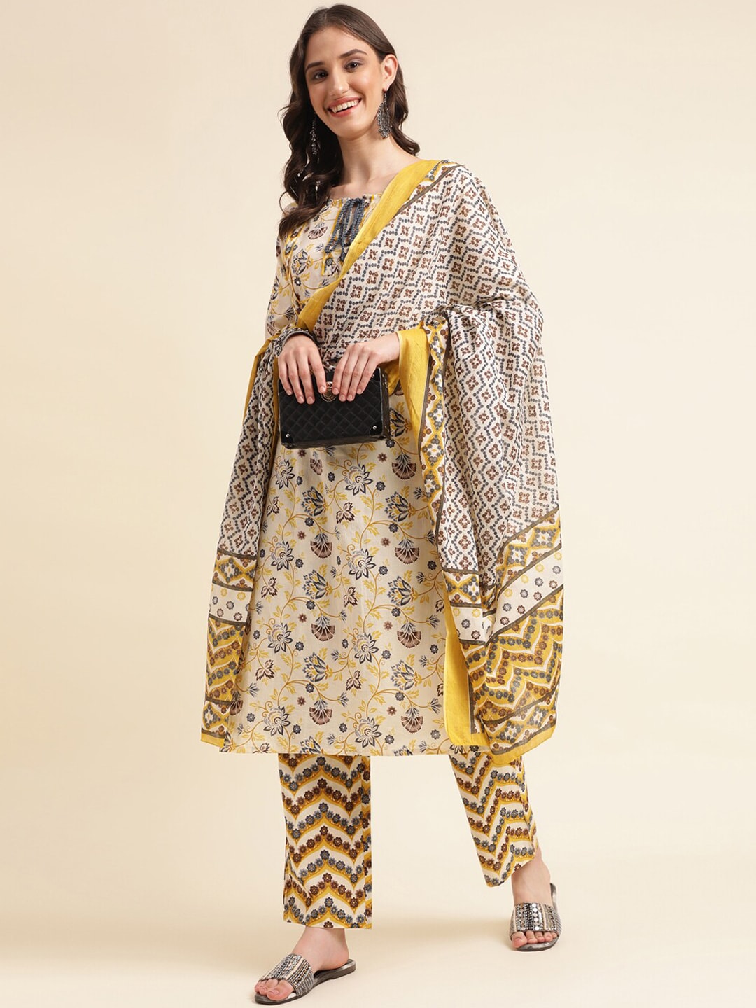 Sangria Beige Floral Printed Mirror Work Pure Cotton Kurta With Trousers & Dupatta - Distacart