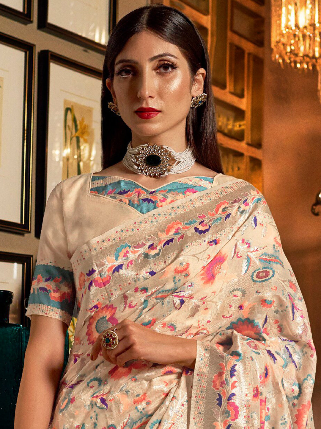 Mitera Cream-Coloured & Pink Woven Design Silk Blend Banarasi Saree - Distacart