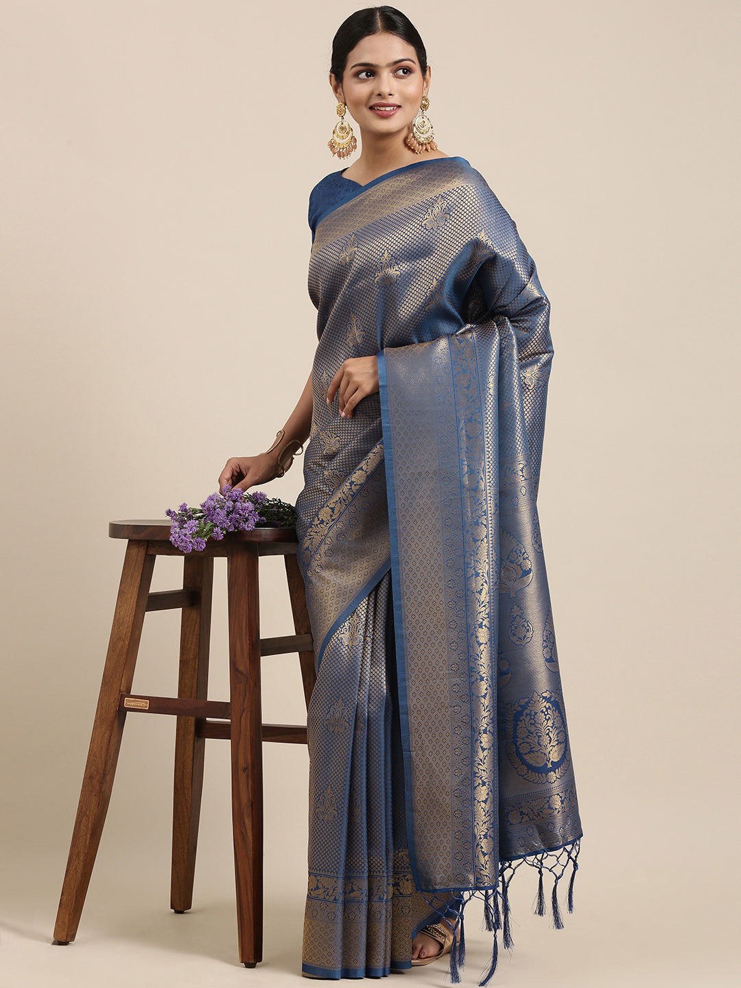 Saree Mall Navy Blue Ethnic Motifs Zari Silk Blend Banarasi Saree - Distacart