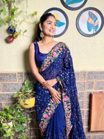 Thumbnail for Mitera Navy Blue & Pink Floral Embroidered Georgette Saree - Distacart