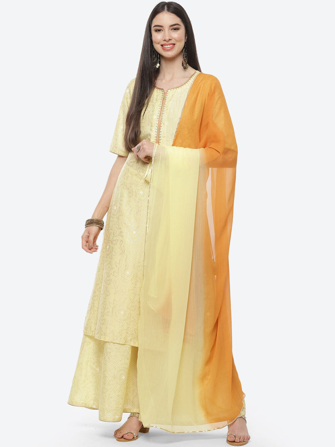 Biba Women Yellow & Rust Printed Kurta with Palazzos & Dupatta - Distacart