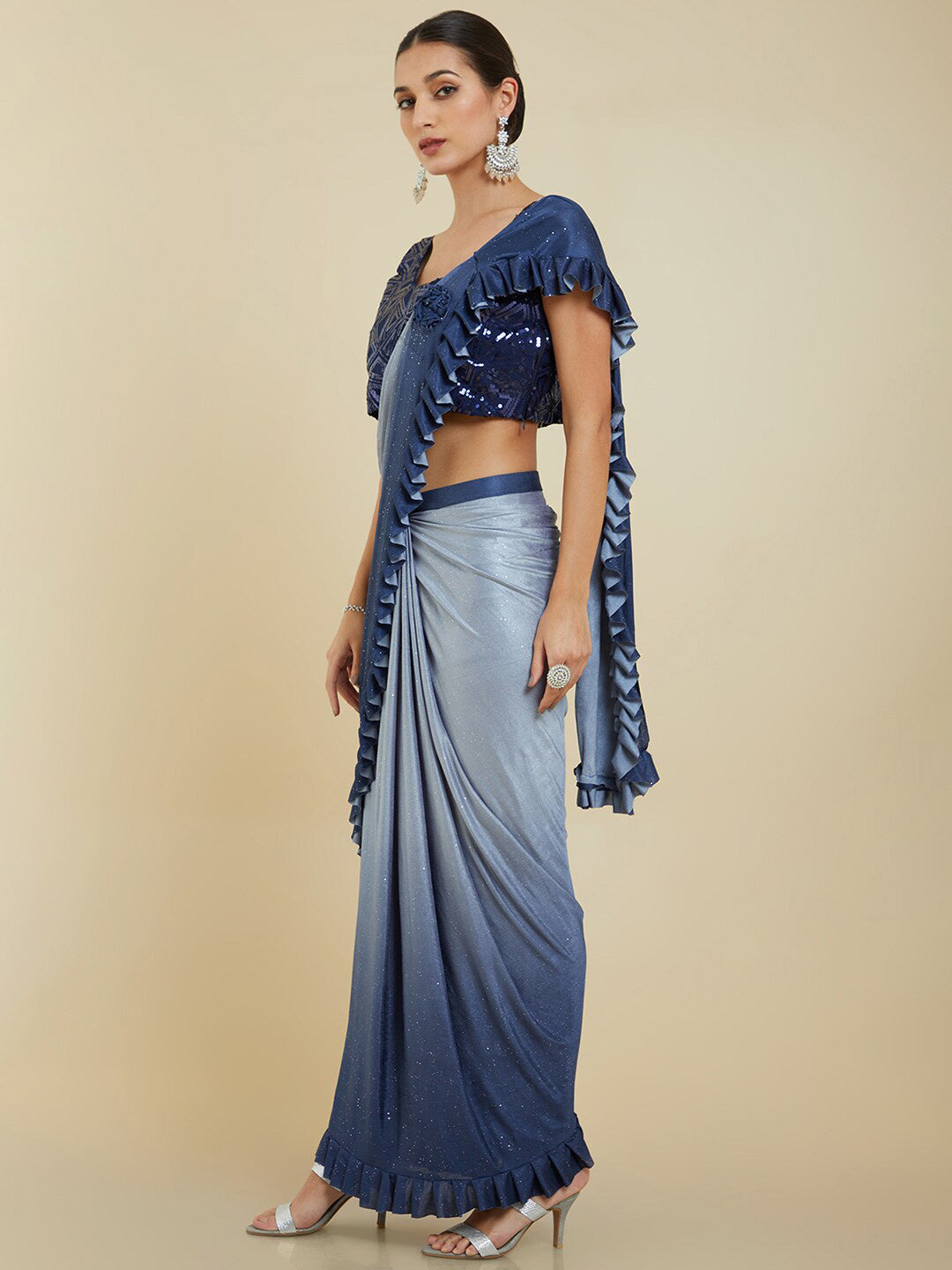 Soch Blue Sequinned Poly Crepe Ready to Wear Saree - Distacart