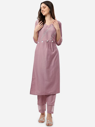 HERE&NOW Women Mauve Embroidered Pleated Mirror Work Kurta with Trousers - Distacart