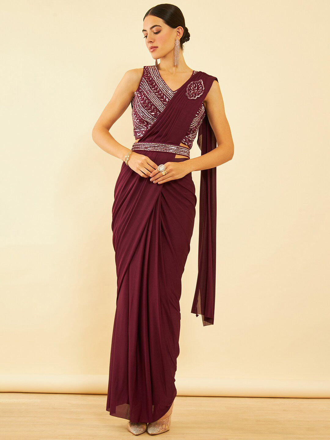 Soch Maroon Beads and Stones Ready to Wear Saree - Distacart