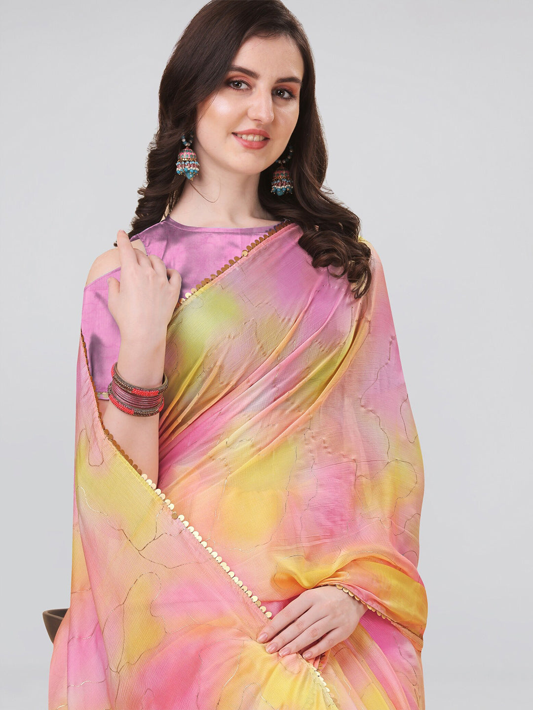 Kalini Yellow & Pink Tie and Dye Sequinned Saree - Distacart