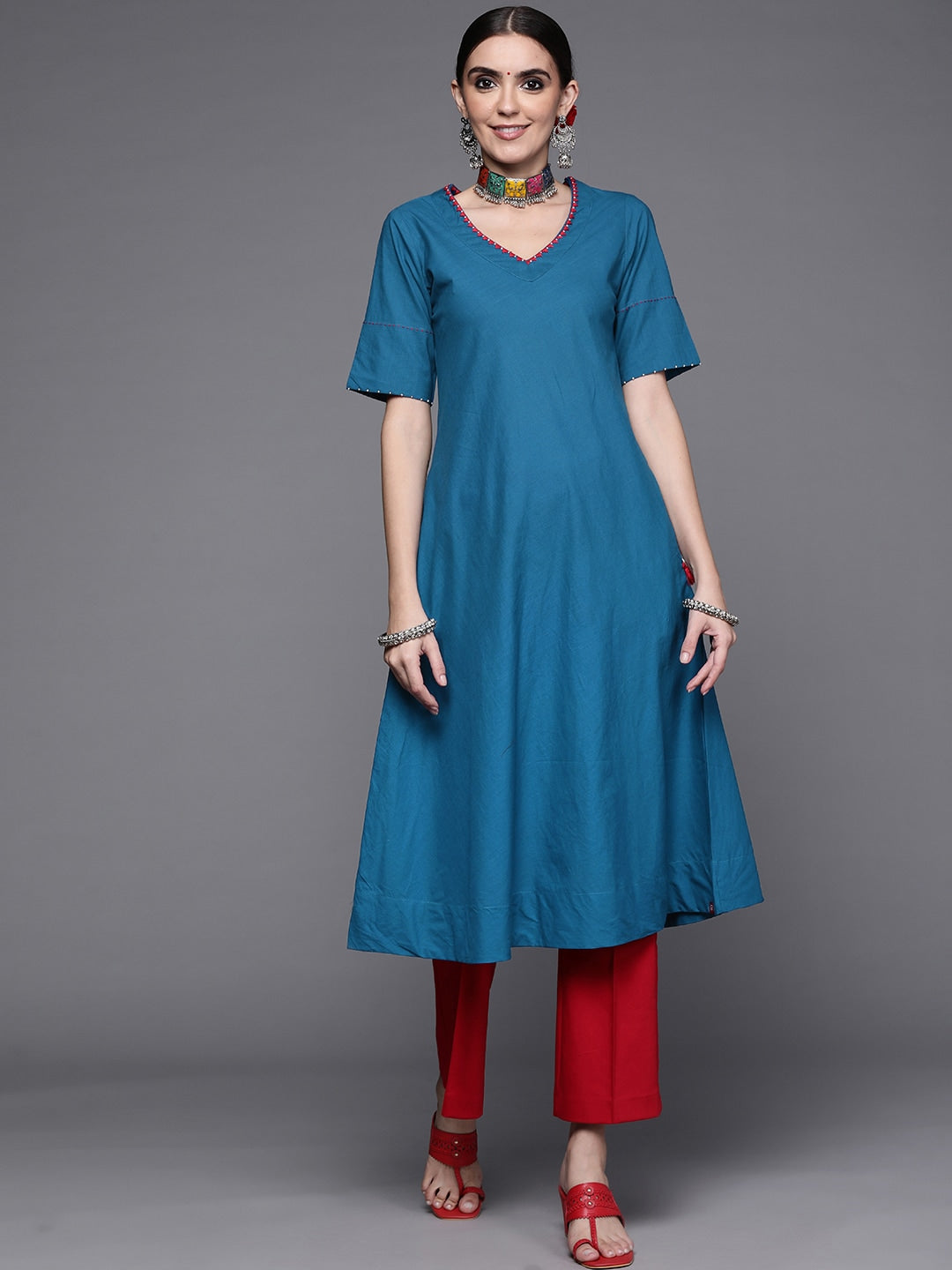 Biba Women Navy Blue Solid Embroidered Bead Detail A-Line Pure Cotton Kurta - Distacart