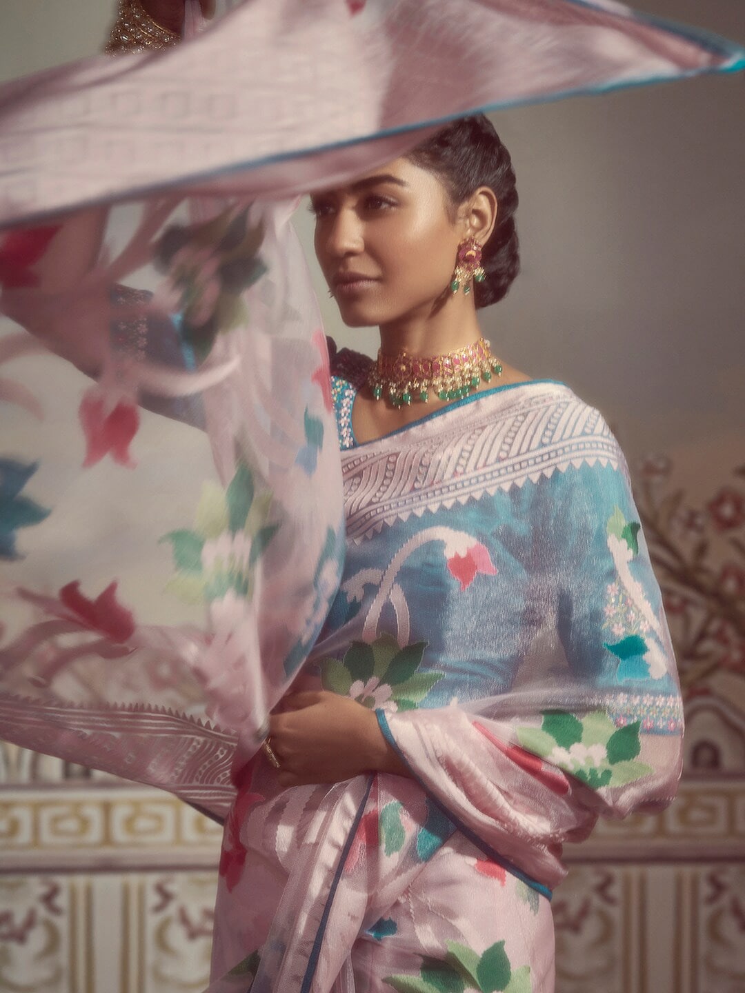 Mitera Pink & Blue Woven Design Brasso Chanderi Saree - Distacart