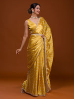 Thumbnail for Koskii Yellow & White Bandhani Embroidered Bandhani Saree - Distacart