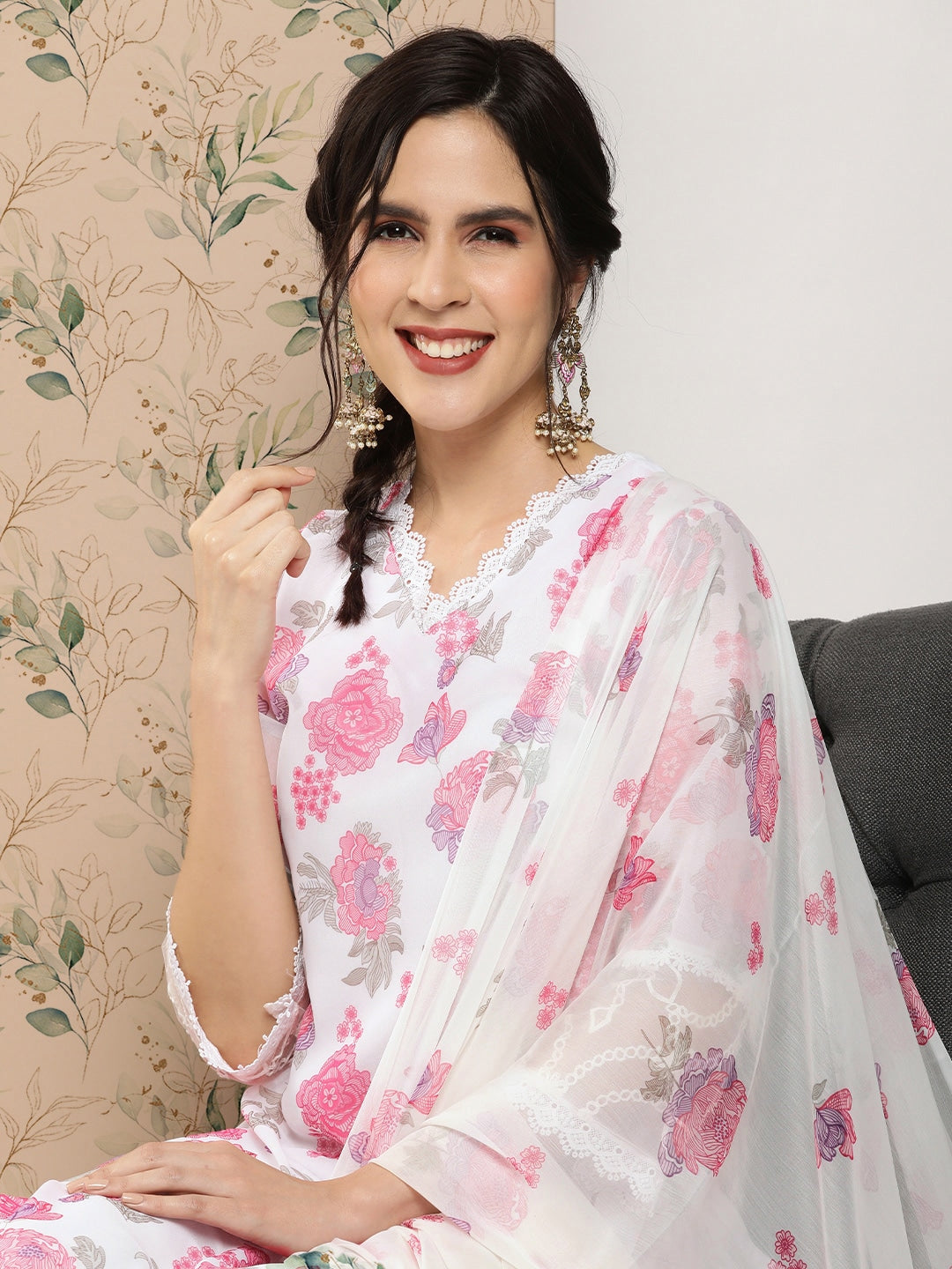 Sangria Floral Printed Regular Thread Work Kurta with Trousers & With Dupatta - Distacart