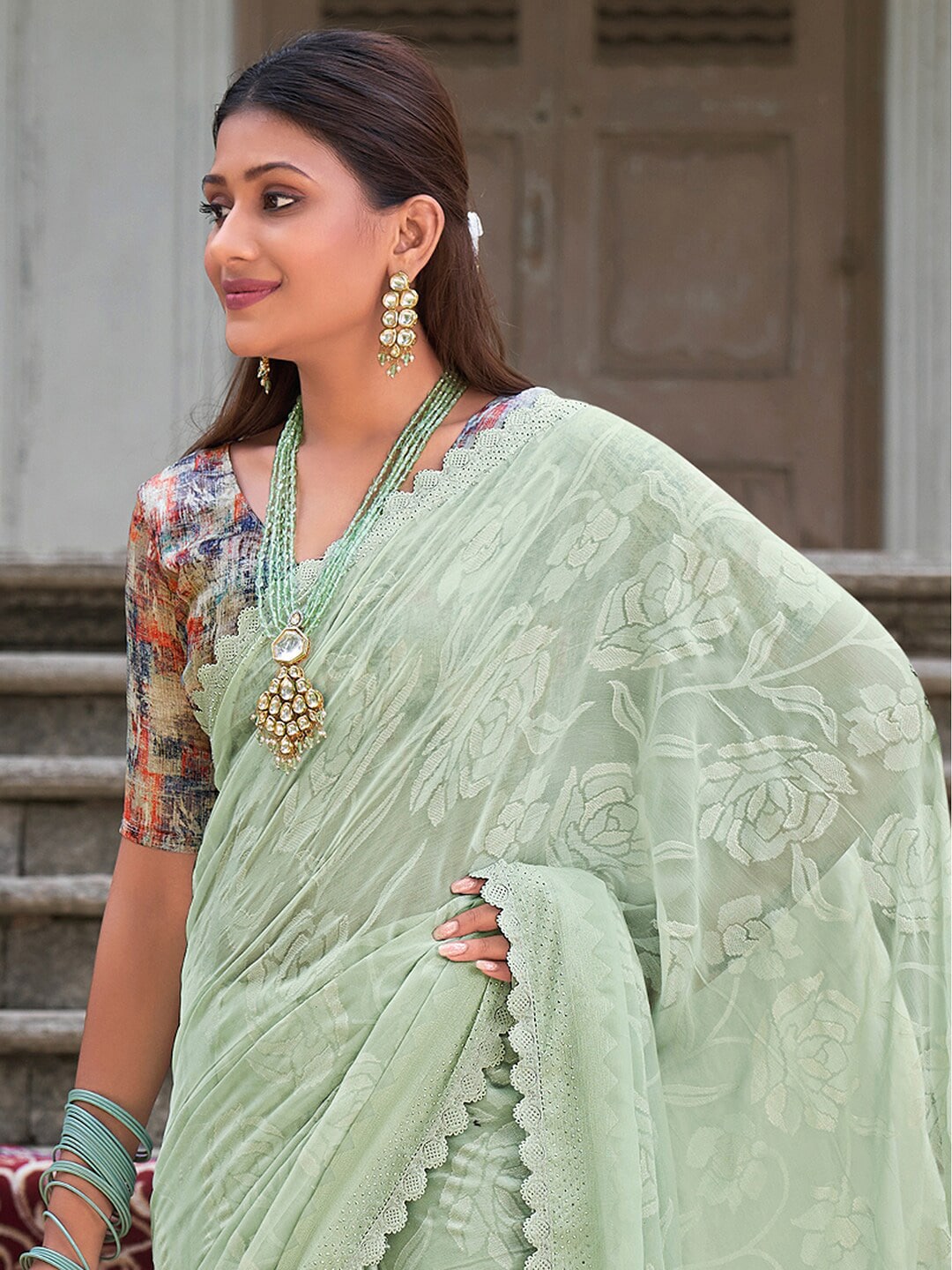 Saree Mall Floral Woven Design Pure Chiffon Sarees - Distacart