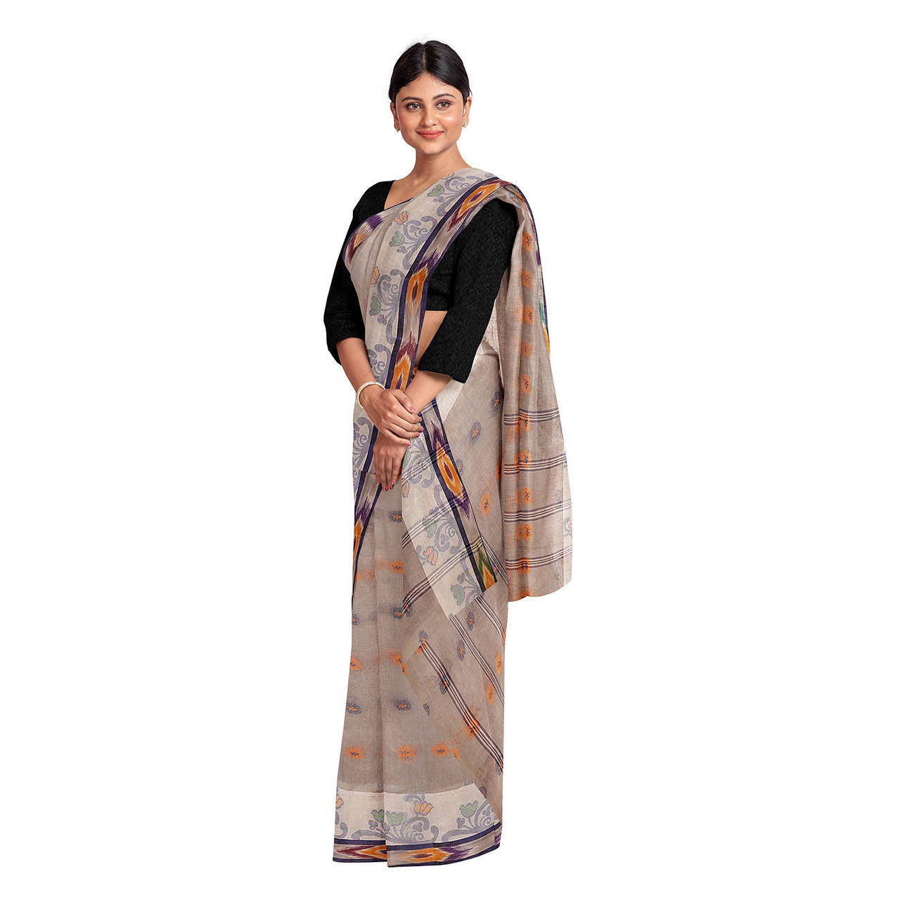 Exclusive Collection 100% Pure Cotton Beige Tant Saree With Hand Weaving Work - Distacart