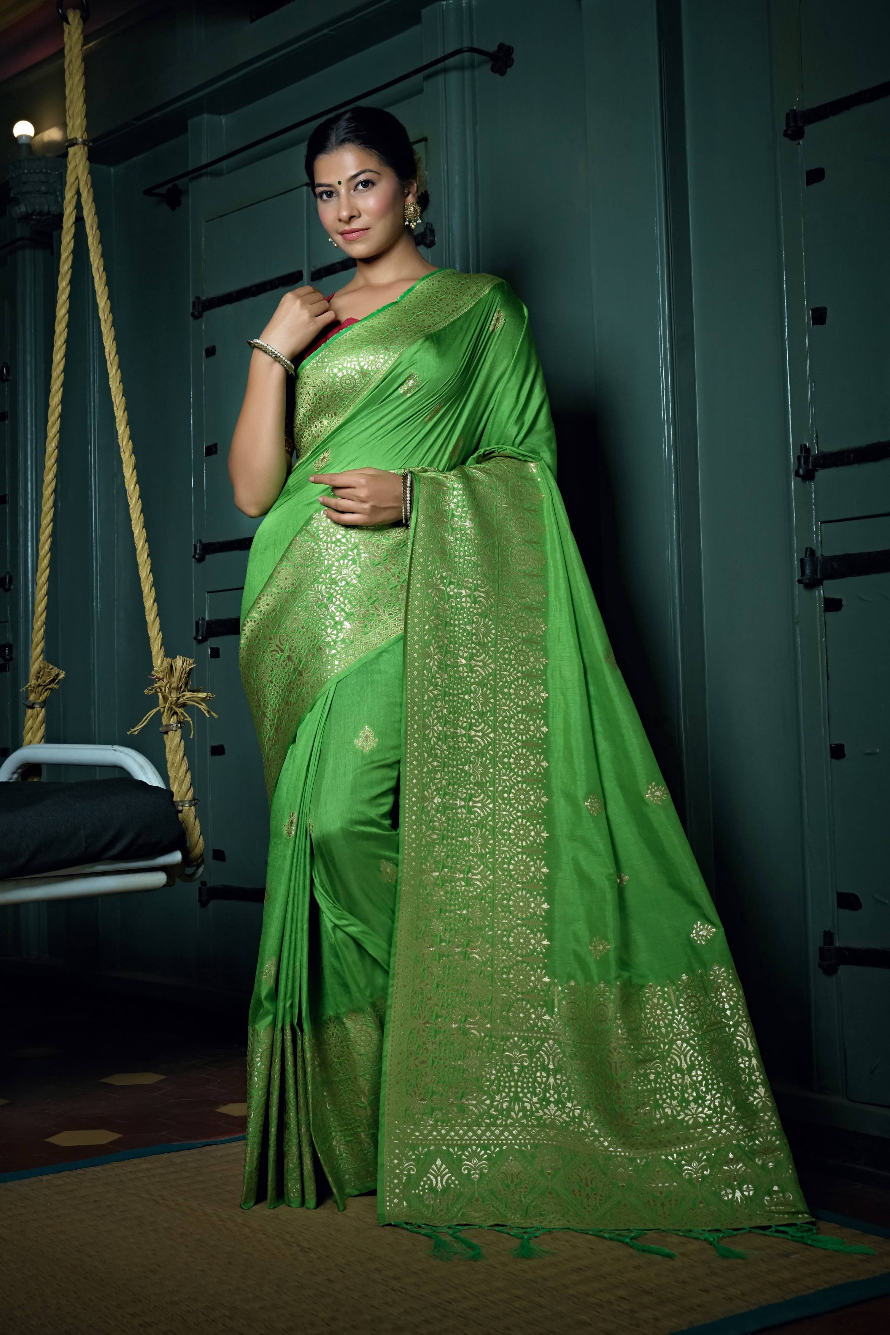 Vardha Slime Green Golden Zari Banarasi Silk Saree