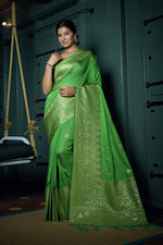 Thumbnail for Vardha Slime Green Golden Zari Banarasi Silk Saree