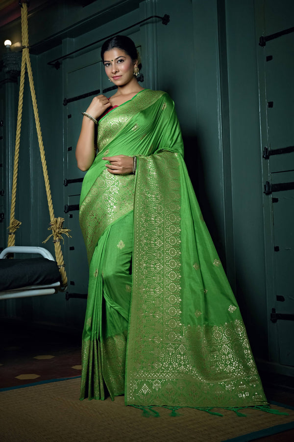 Vardha Slime Green Golden Zari Banarasi Silk Saree