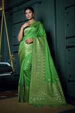 Thumbnail for Vardha Slime Green Golden Zari Banarasi Silk Saree