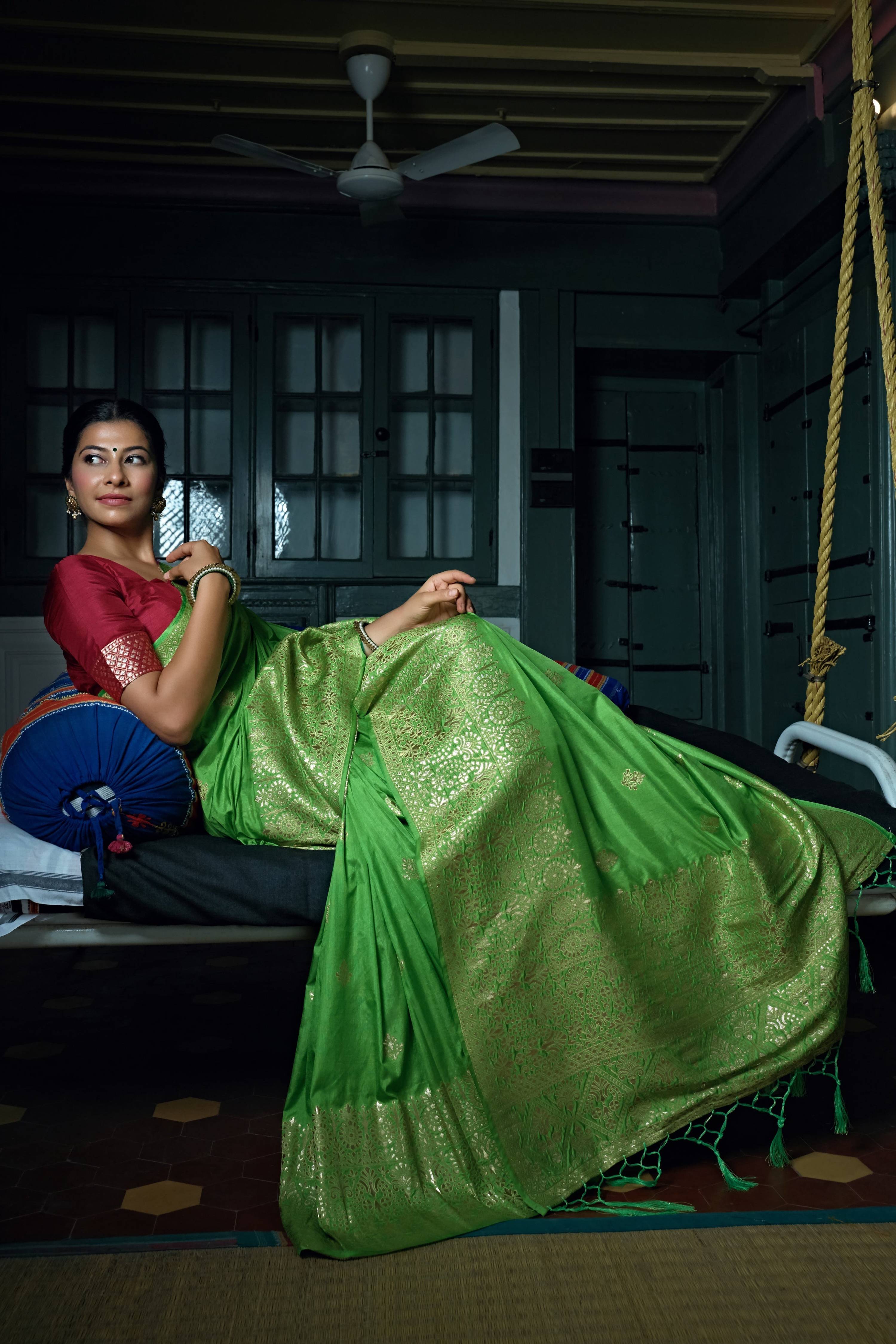 Vardha Slime Green Golden Zari Banarasi Silk Saree