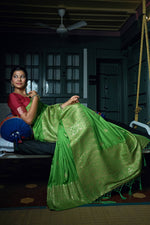 Thumbnail for Vardha Slime Green Golden Zari Banarasi Silk Saree