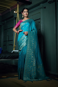 Thumbnail for Vardha Sapphire Blue Golden Zari Banarasi Silk Saree