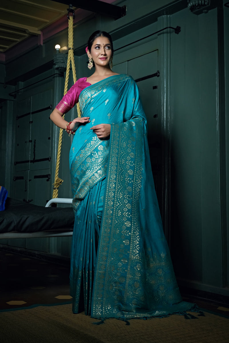 Vardha Sapphire Blue Golden Zari Banarasi Silk Saree