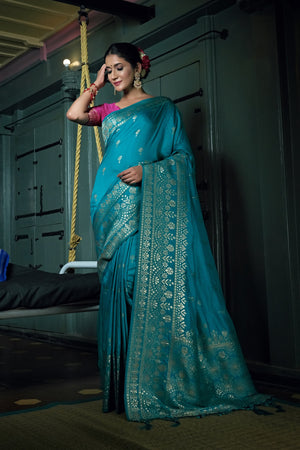 Vardha Sapphire Blue Golden Zari Banarasi Silk Saree