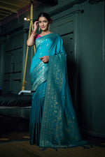Thumbnail for Vardha Sapphire Blue Golden Zari Banarasi Silk Saree