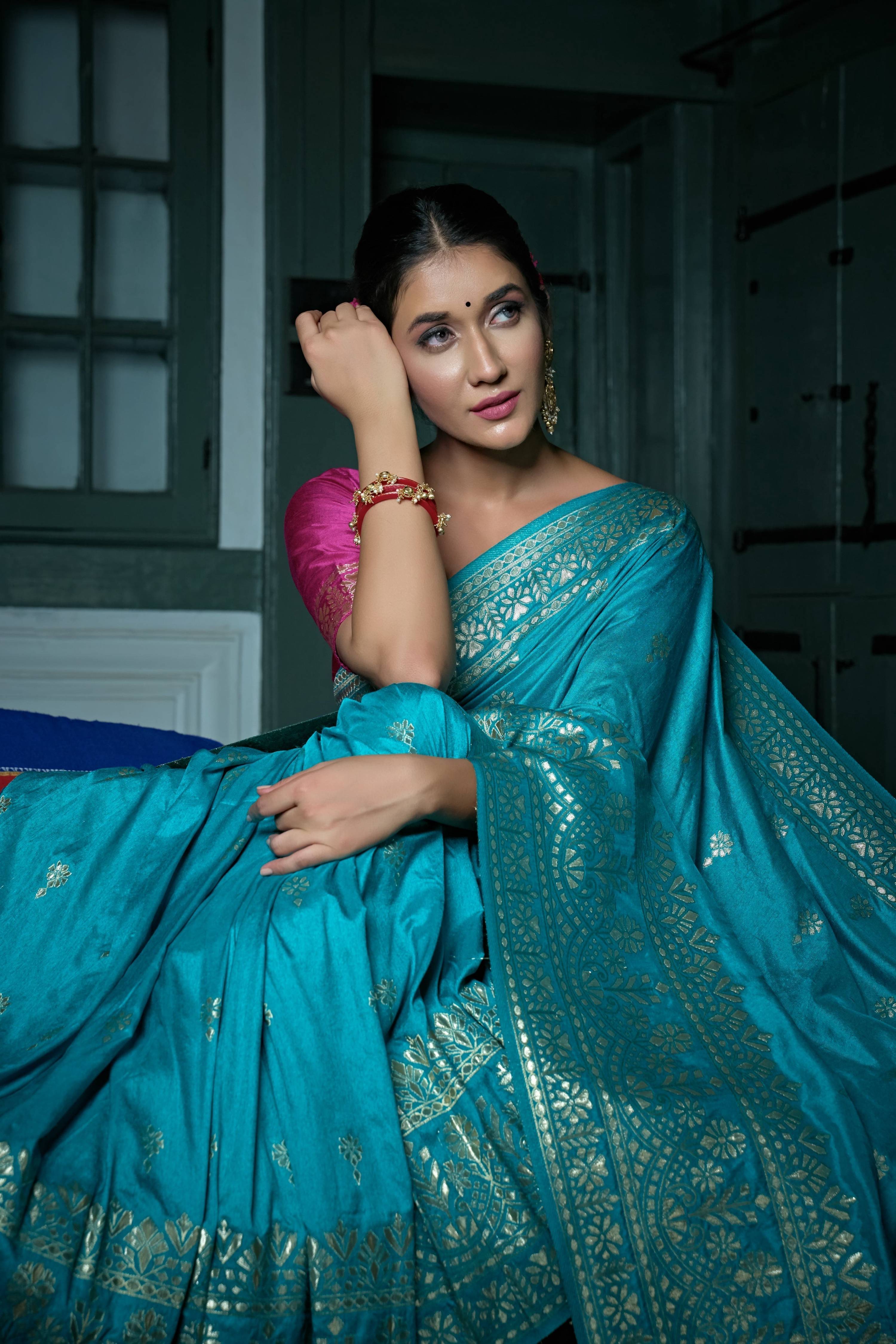 Vardha Sapphire Blue Golden Zari Banarasi Silk Saree