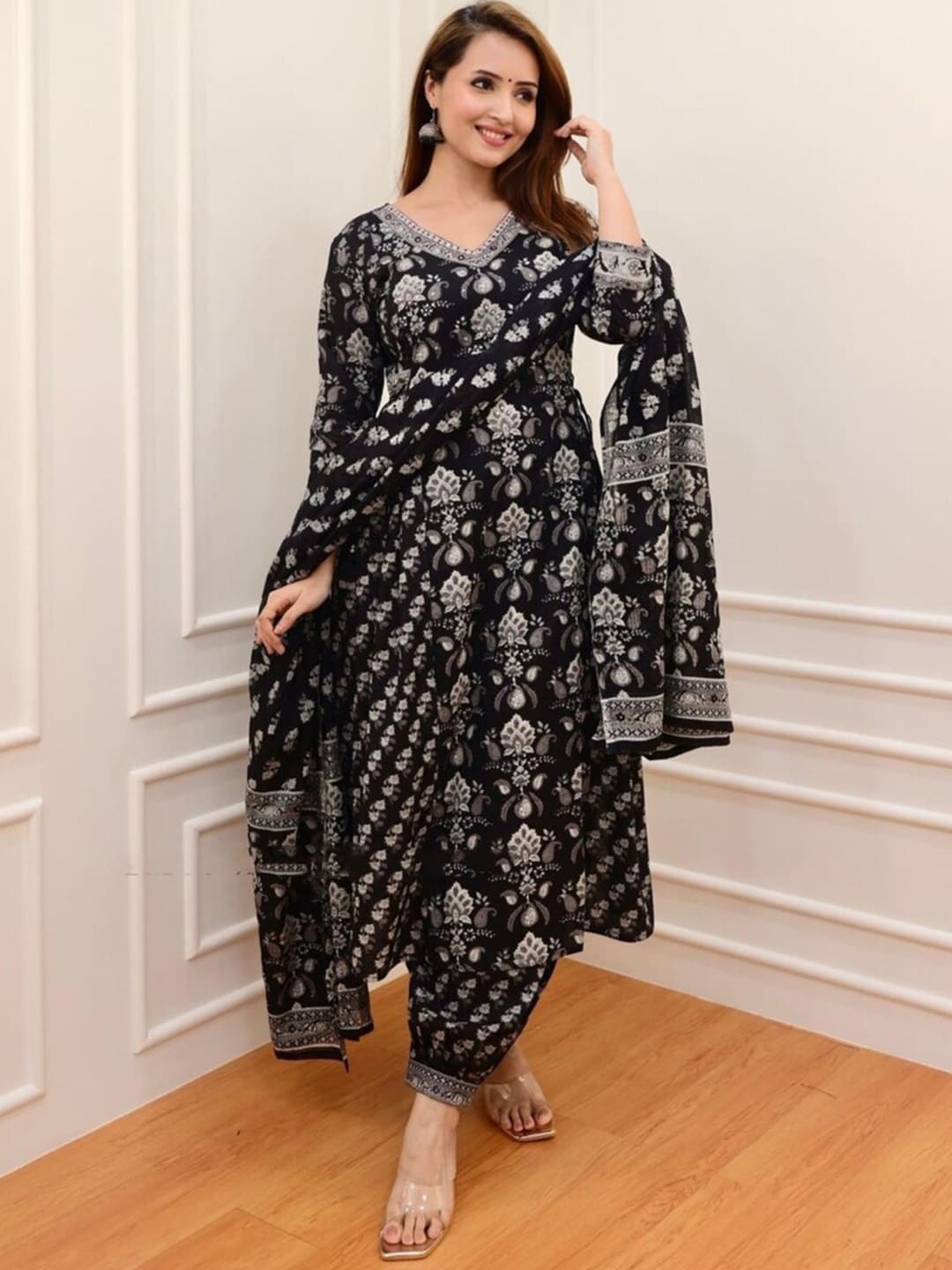 Kalini Floral Printed Sequinned Pure Cotton A-Line Kurta With Salwar & Dupatta - Distacart