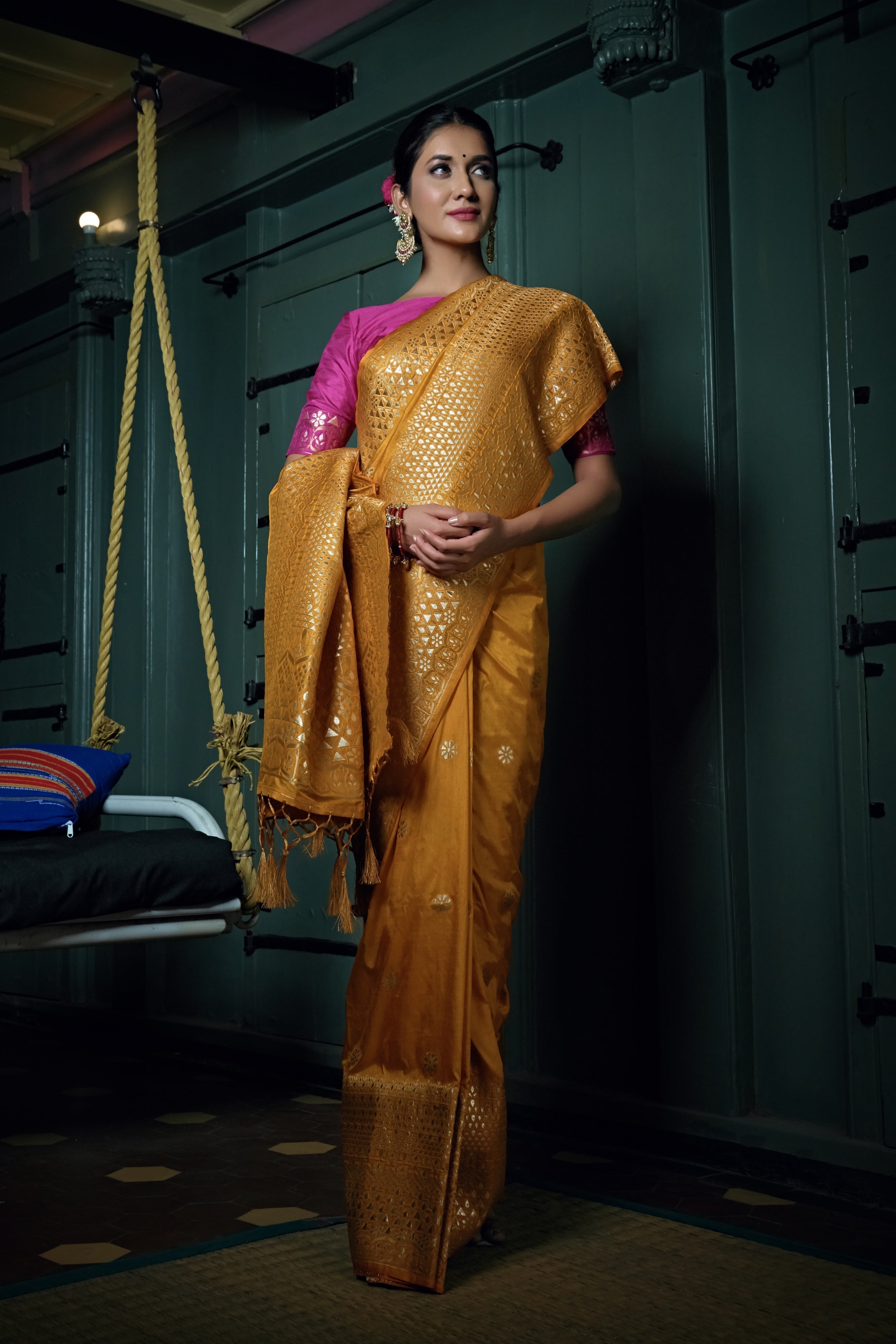 Vardha Mustard Yellow Golden Zari Banarasi Silk Saree