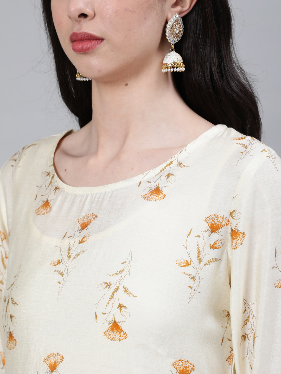 Jaipur Kurti Women Mustard Yellow Floral Embellished Flared Sleeves Chanderi Silk Chanderi Silk Kurta - Distacart