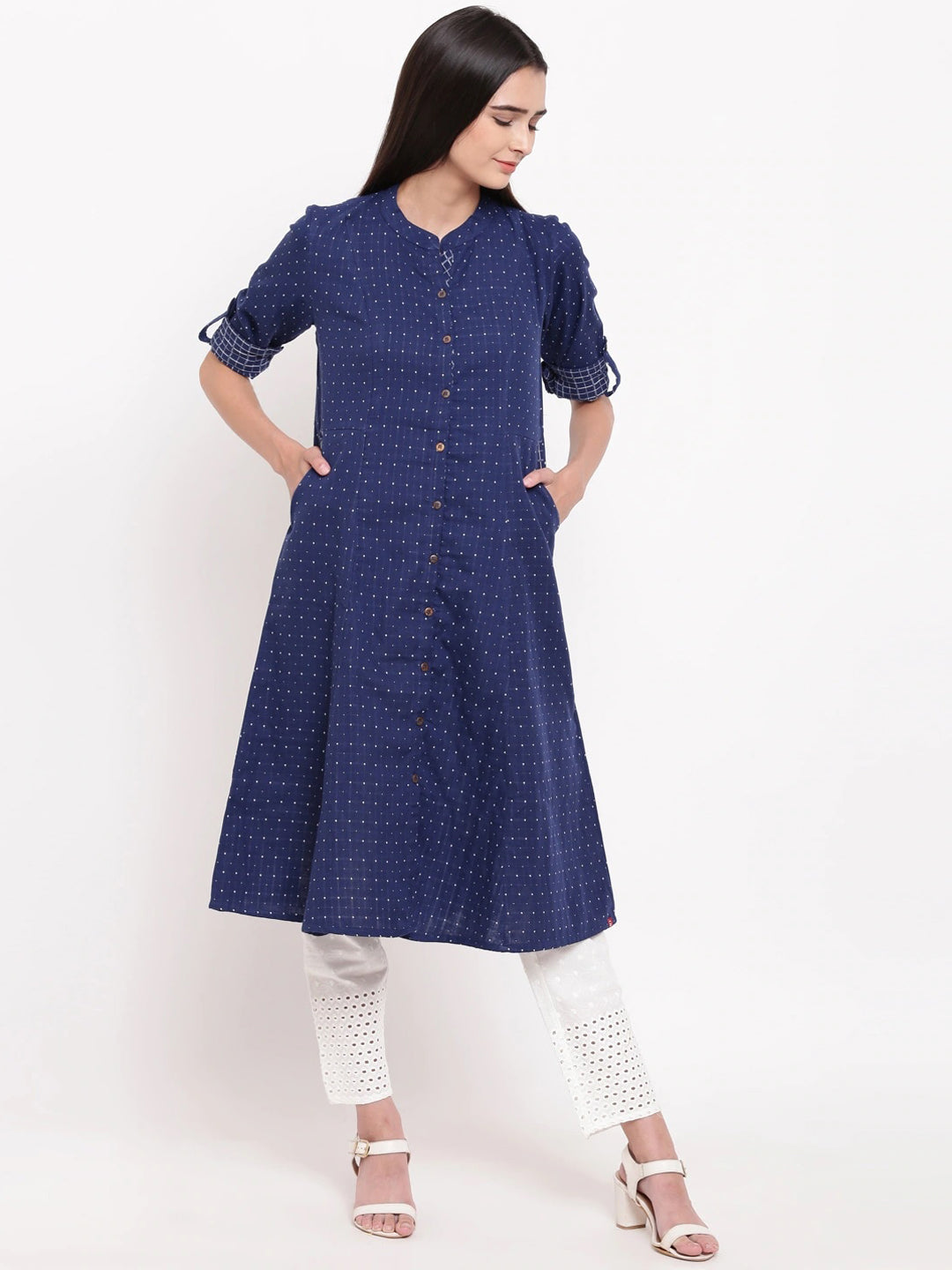 Biba Women Navy Blue Printed Pure Cotton Kurti with Trousers - Distacart