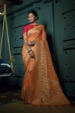 Thumbnail for Vardha Coral Orange Golden Zari Banarasi Silk Saree