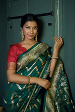 Thumbnail for Vardha Phthalo Green Golden Zari Banarasi Silk Saree