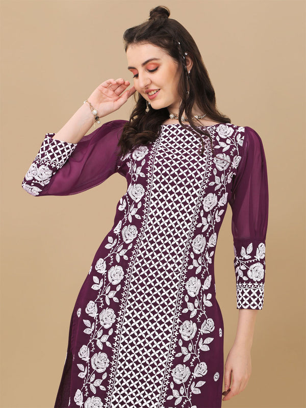 HERE&NOW Floral Lucknowi Chikankari Embroidered Kurta with Trousers & Dupatta - Distacart