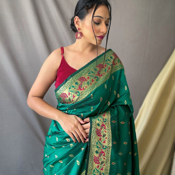 Mitera Green & Gold-Toned Ethnic Woven Design Zari Paithani Silk Saree - Distacart