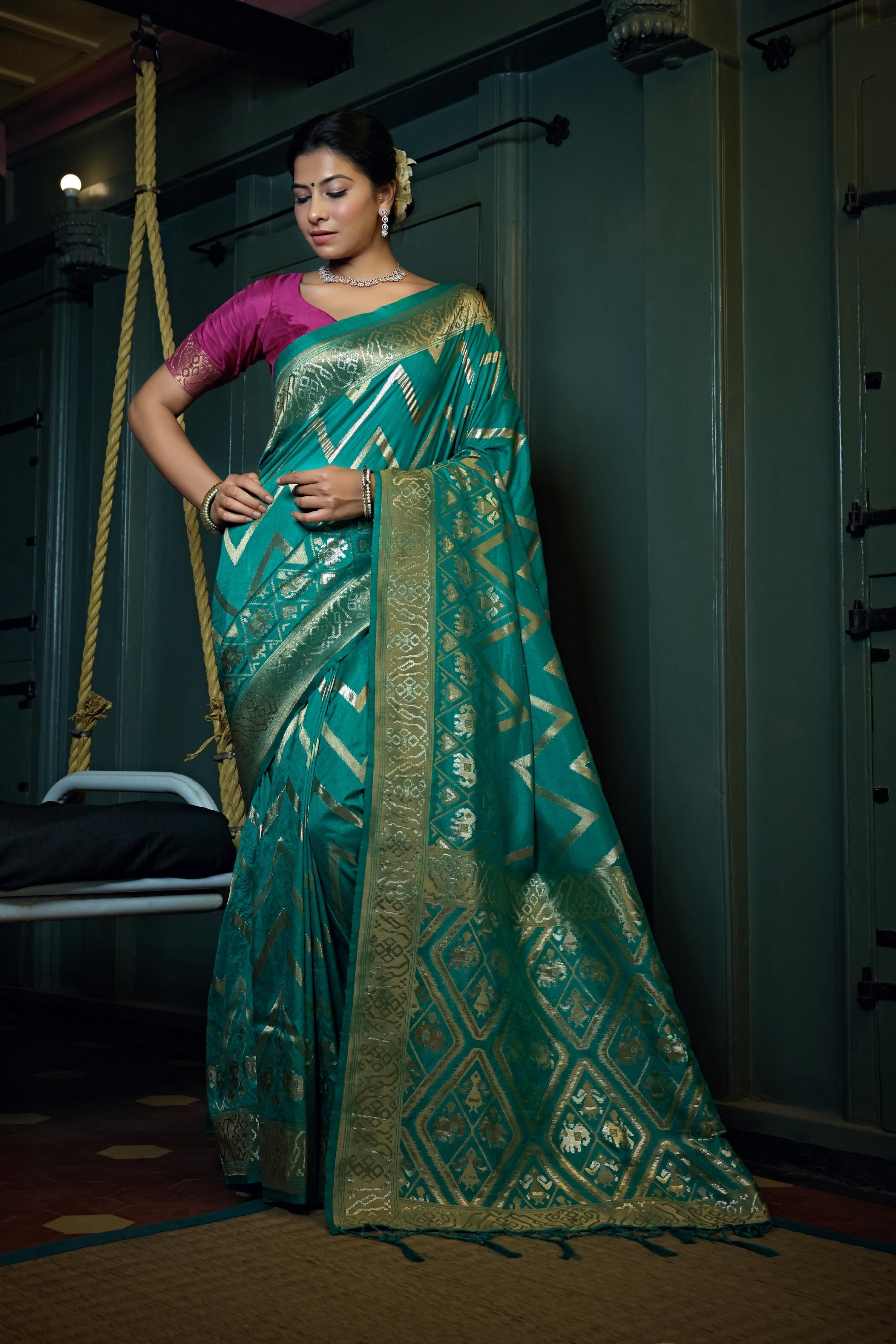 Vardha Tiffany Blue Golden Zari Banarasi Silk Saree