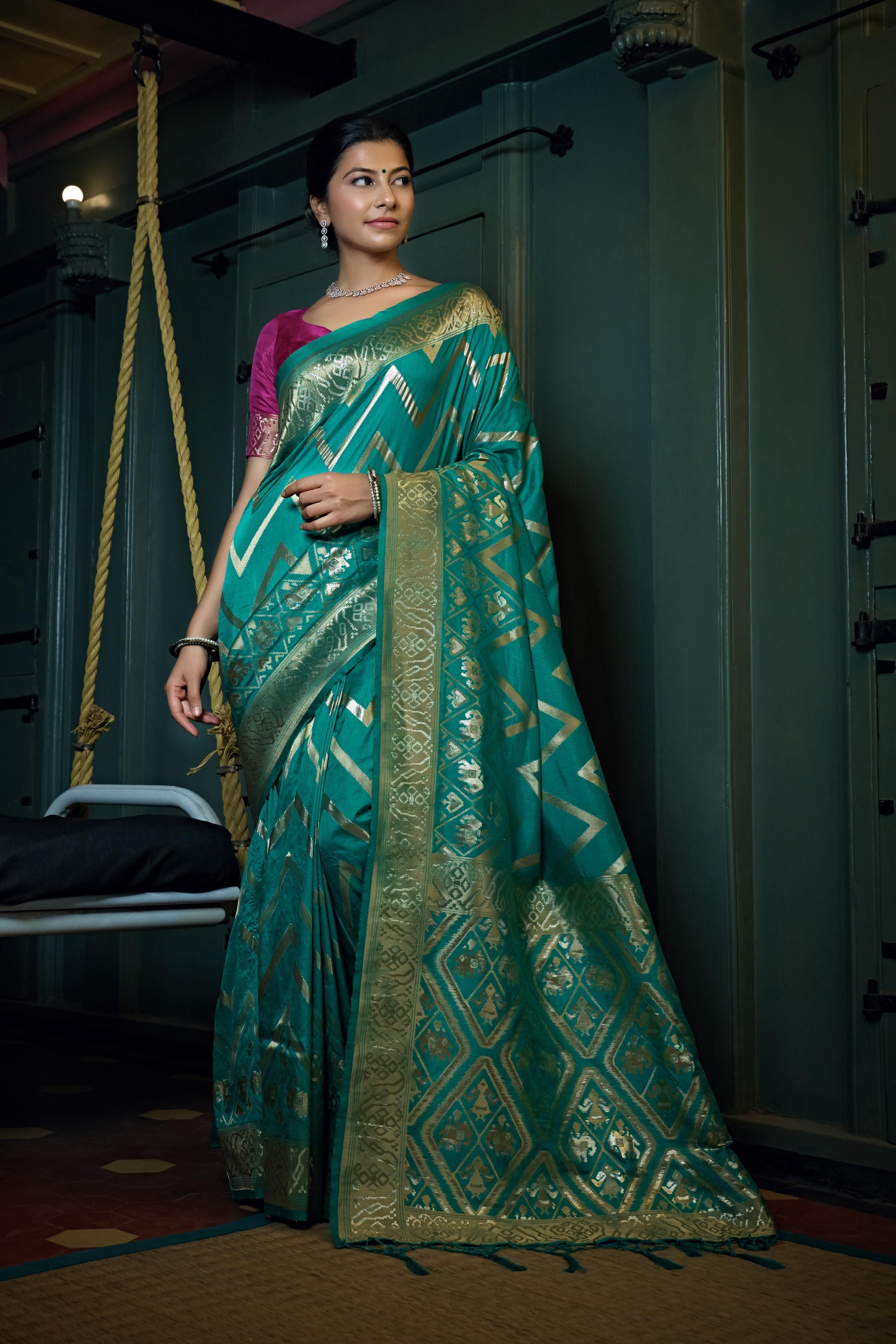 Vardha Tiffany Blue Golden Zari Banarasi Silk Saree