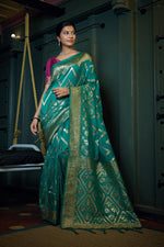 Thumbnail for Vardha Tiffany Blue Golden Zari Banarasi Silk Saree