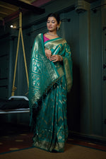 Thumbnail for Vardha Tiffany Blue Golden Zari Banarasi Silk Saree