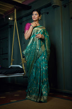 Thumbnail for Vardha Tiffany Blue Golden Zari Banarasi Silk Saree